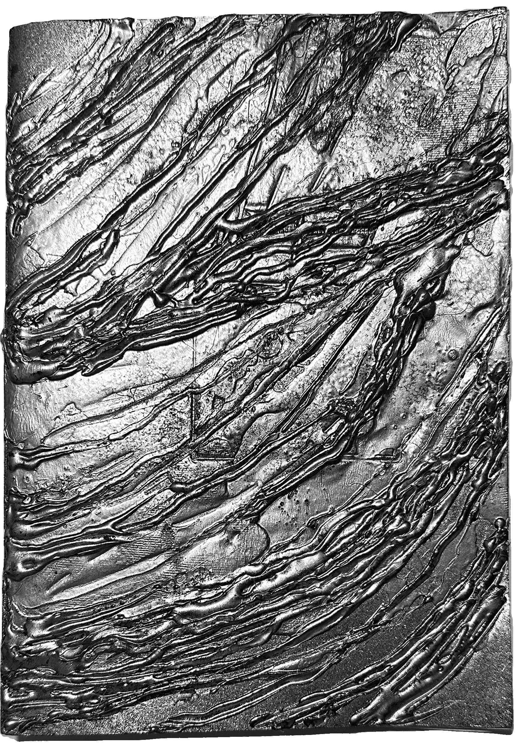 silver spraypainted bookcover with textures and prints