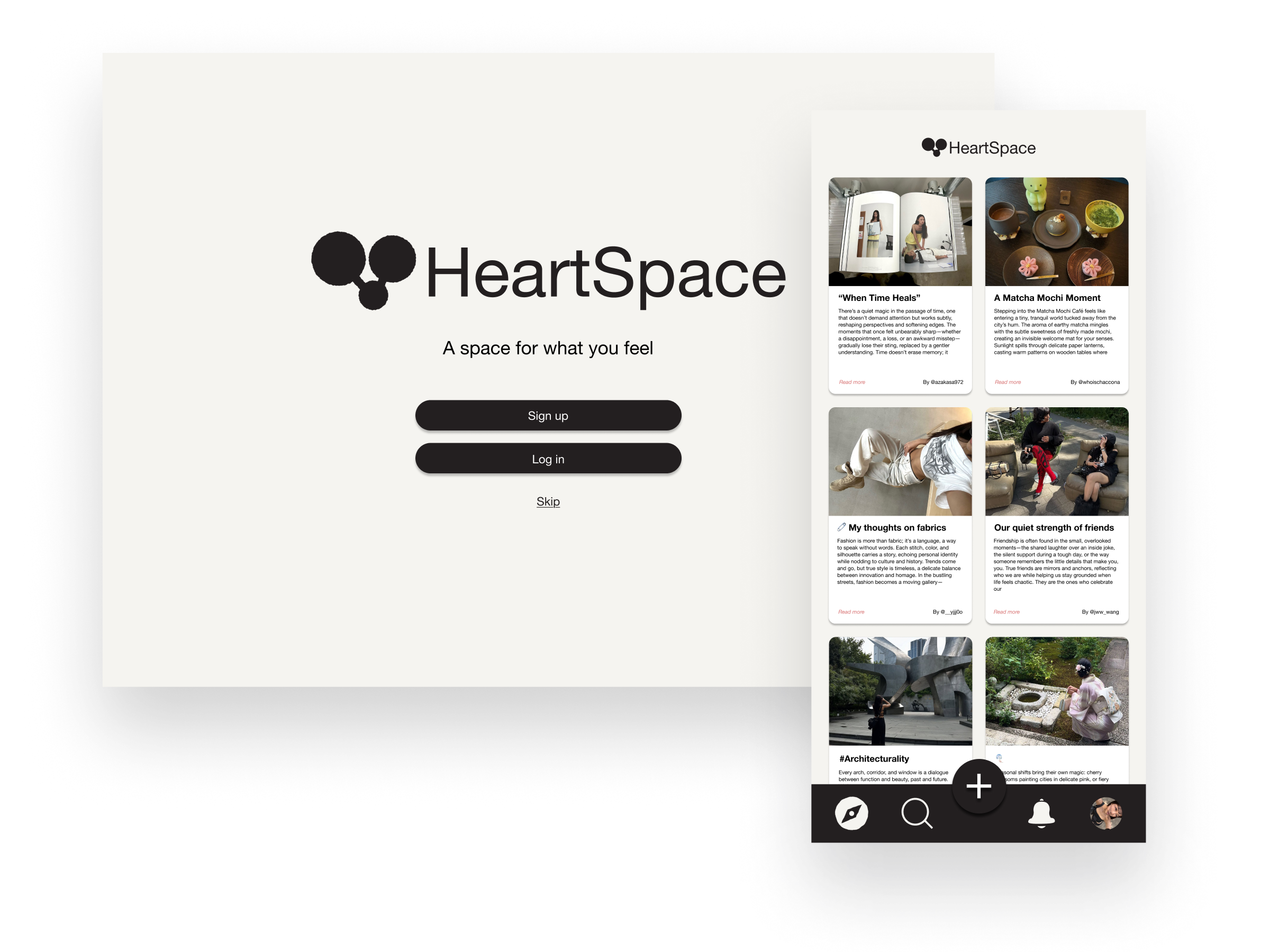 HeartSpace mobile feed screens